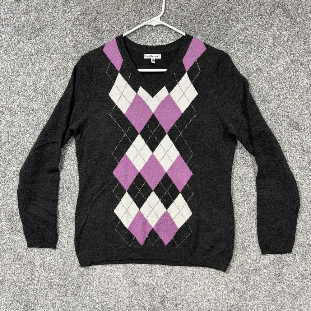 Croft & Barrow Sweater Womens M Gray Purple Argyle Knit Preppy Dark Academia